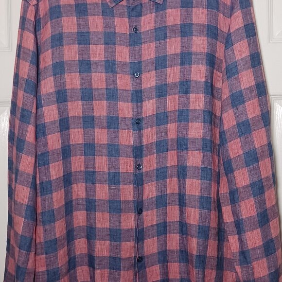 Robert Barakett Mens Longsleeve Plaid Linen‎ Button-Up Shirt Blue/Salmon L - Picture 4 of 13